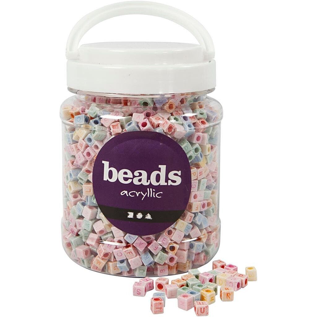 Bogstavperler, str. 6x6 mm, hulstr. 3 mm, 500 g, 700ml