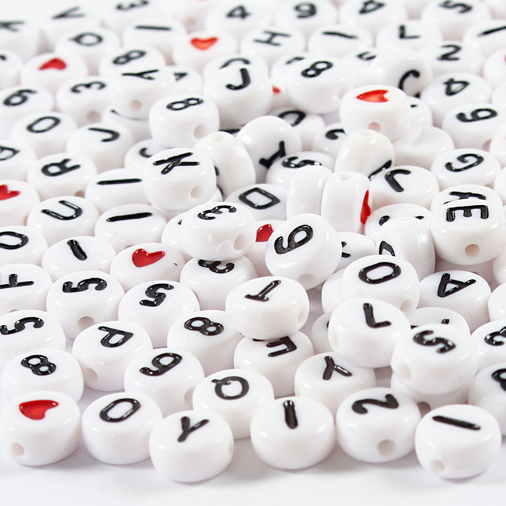 Perler med bogstaver 7 mm hvid - 200 stk.