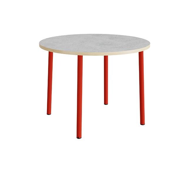 Bord Add 590, Ø1200xH900 mm, lys grå, lyddæmpende linoleum, rødt stel