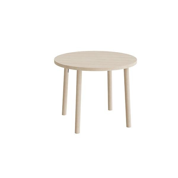 Bord Add Wood 590, Ø 900 mm, højde 720 mm, hvidpigmenteret eg laminat på ben i massiv eg