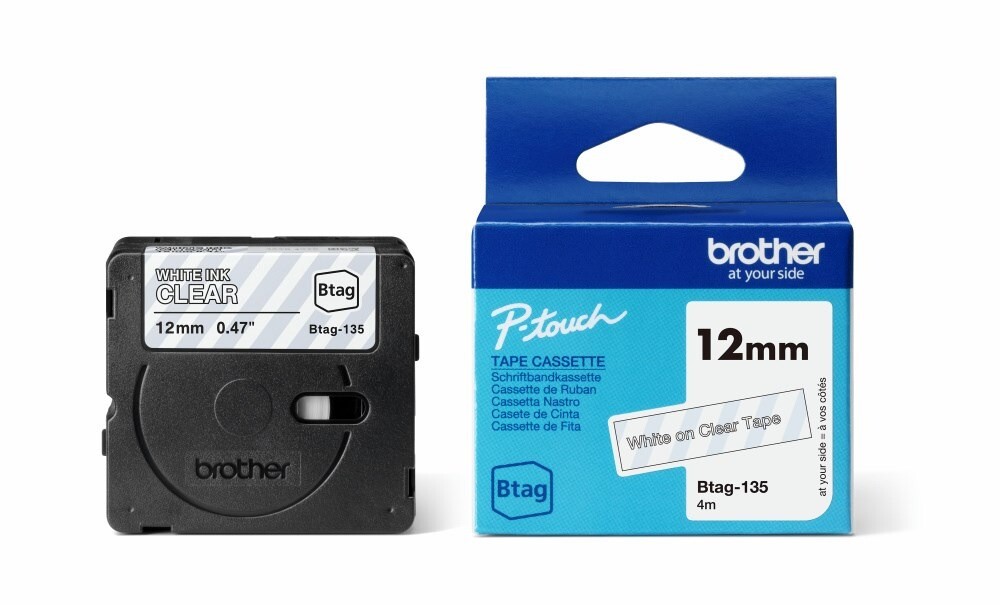 Brother BTAG-135 12mm White on clear tape