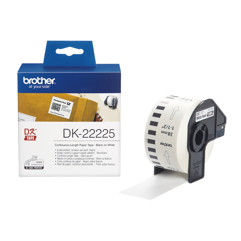 Papirtape - Brother DK-22225 - 38 mm - Sort på hvid