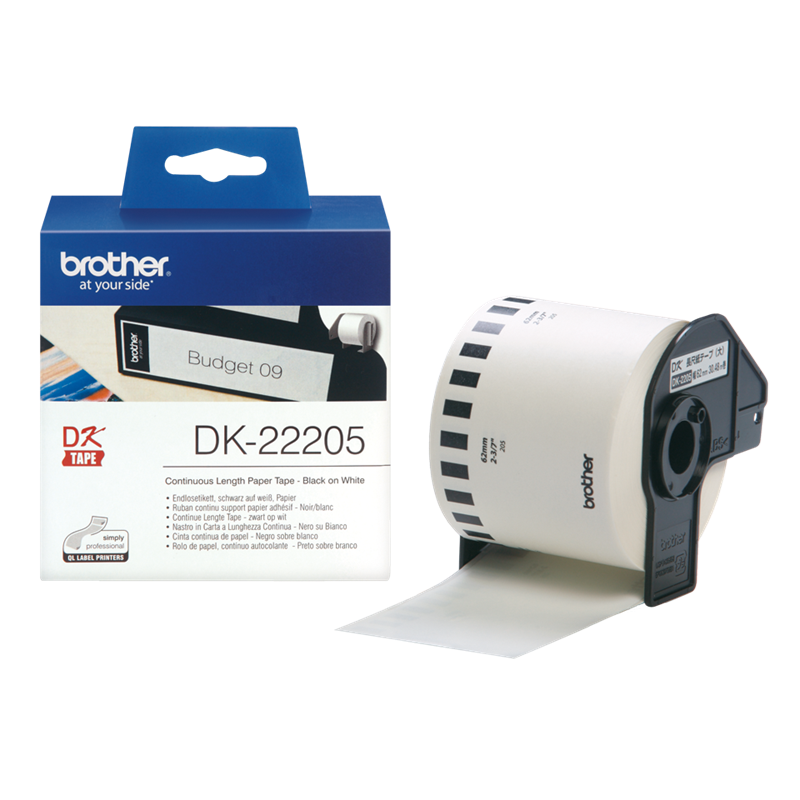Papirtape - Brother DK22205 - 62 mm x 30,48 m - Hvid