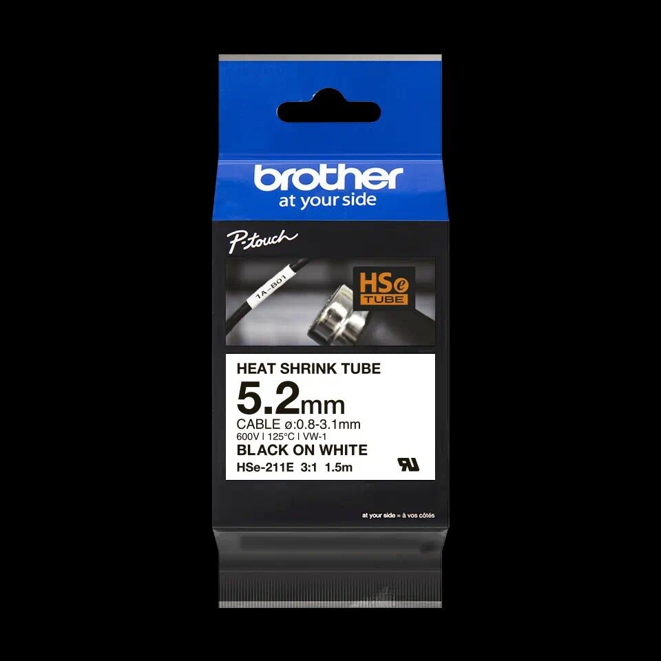 Krympetape flextape Brother HSe-211E sort på hvid – 5,8 mm