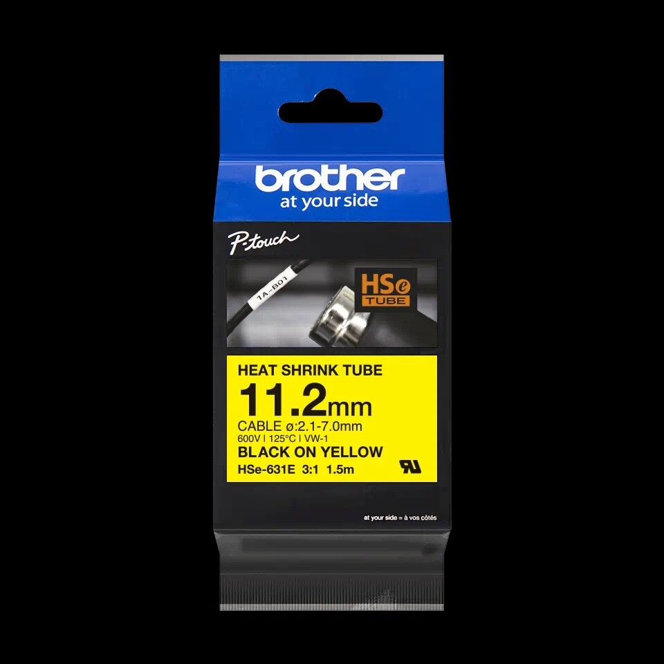 Krympetape flextape Brother HSe-231E sort på gul – 11,2 mm