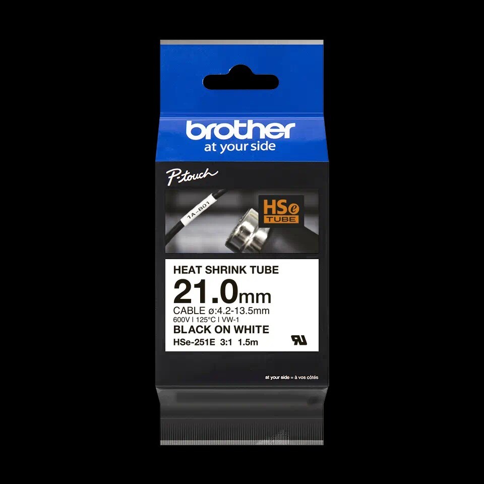 Krympetape flextape Brother HSe-251E sort på hvid – 21 mm