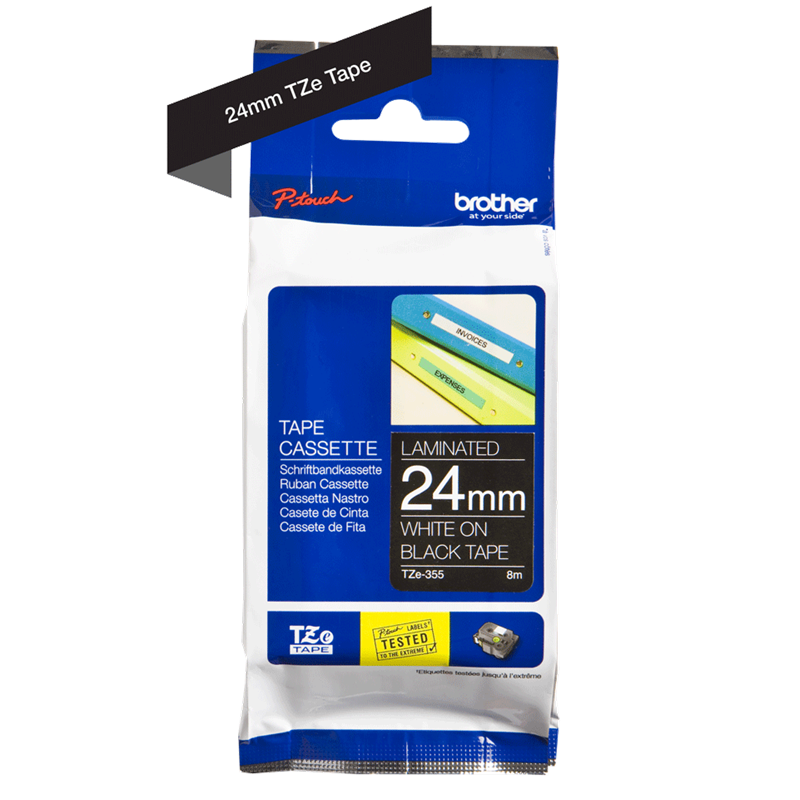 Labeltape - Brother TZe-355 - 24 mm - Hvid på sort - Lamineret