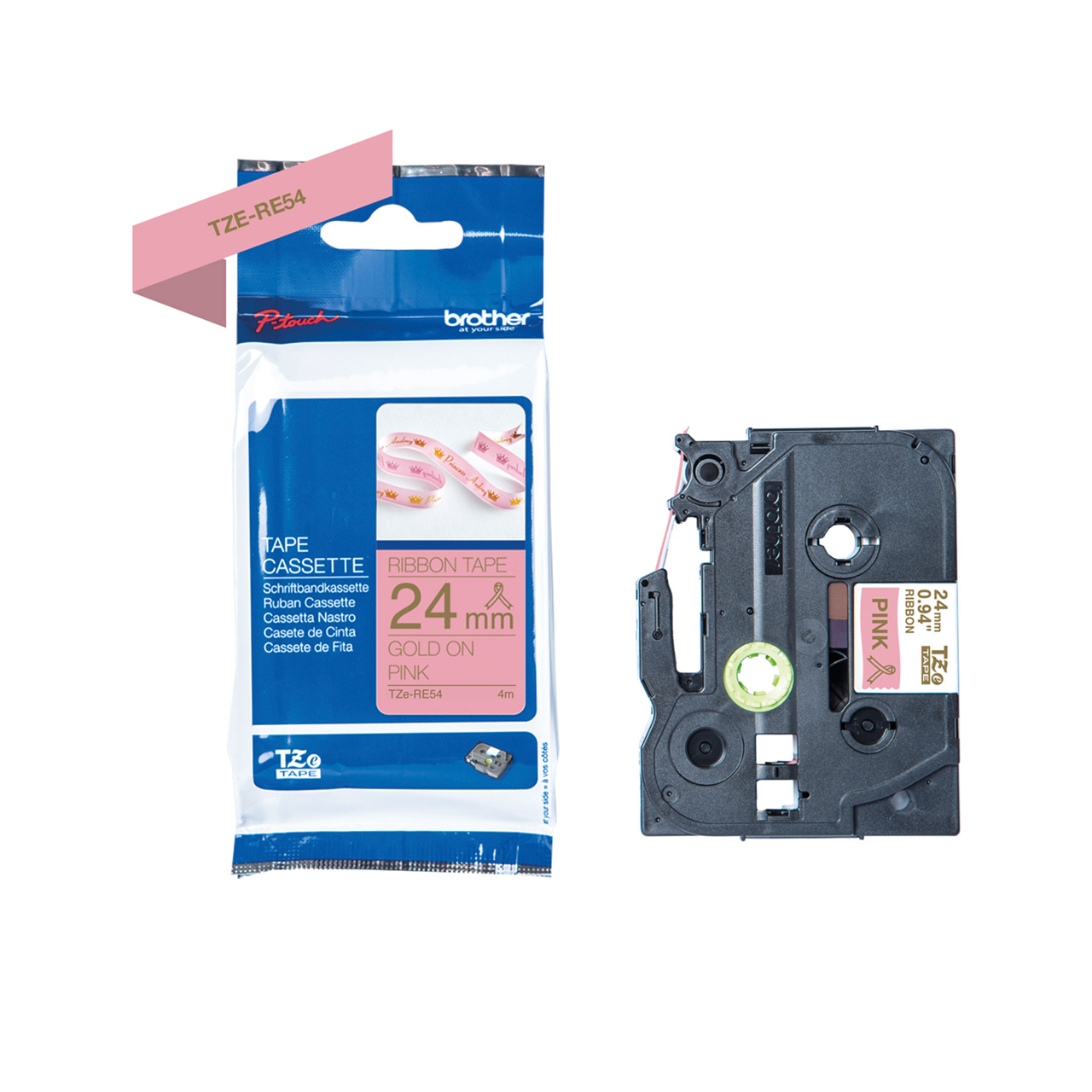 Brother TZe-RE54 printer guld tekst på pink 24mm satinbånd