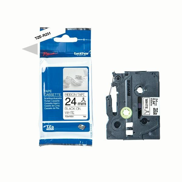 Brother TZe-RE54 printer sort tekst på hvid 24mm satinbånd