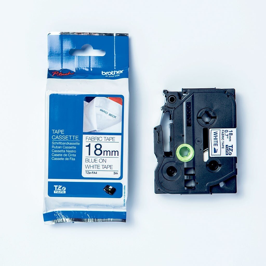 Brother TZe tape 18mmx3m stofbånd strygetape blå på hvid
