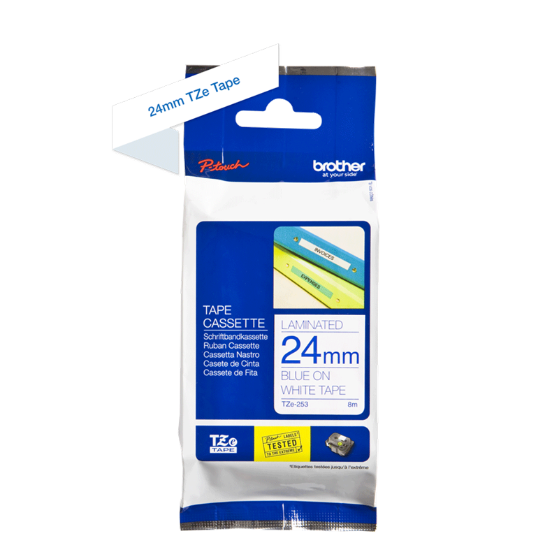 Brother TZe253 - Labeltape 24 mm blå på hvid lamineret