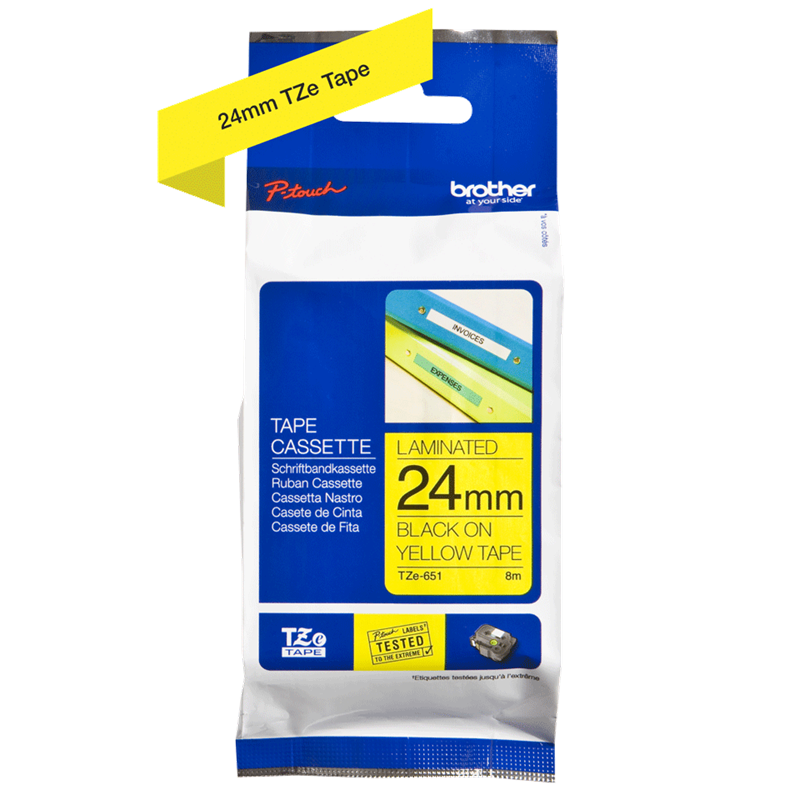 Brother TZe651 - Labeltape 24 mm sort på gul lamineret