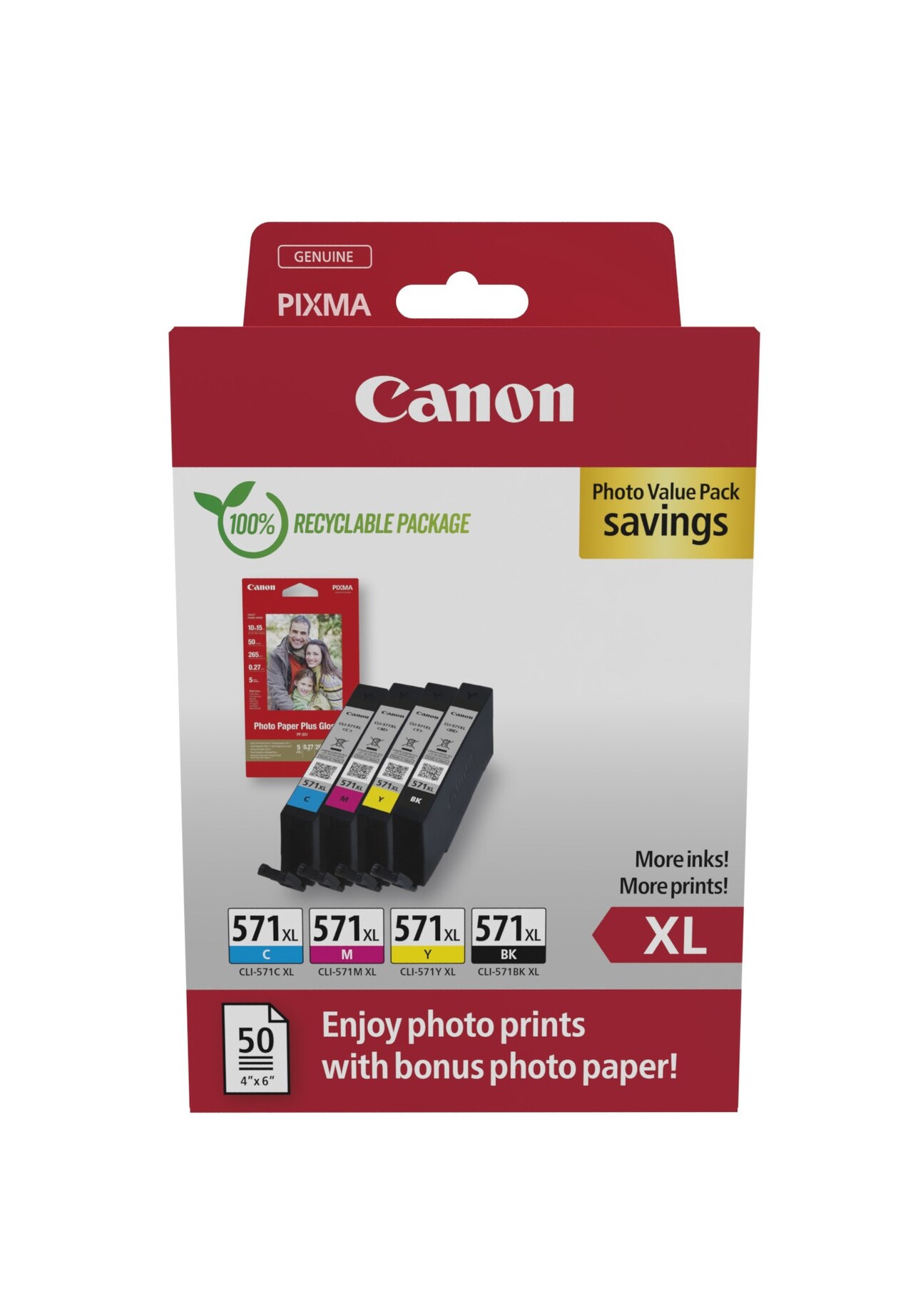 Canon CLI-571, Blækpatron og Fotopapir 10x15 cm, Sampak