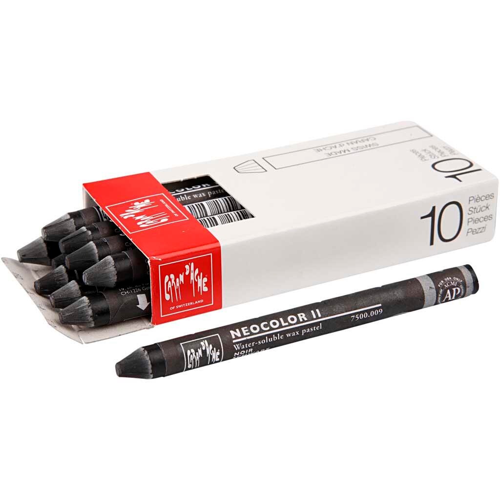 Farvekridt - Caran d'Ache Neocolor II 8mm 10cm - Sort (009) - 10 stk