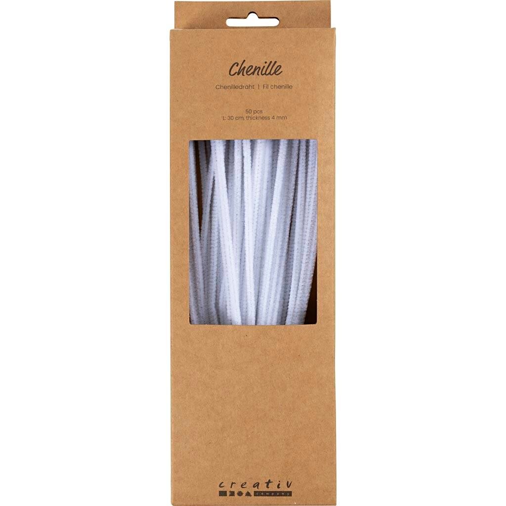 Chenille, L: 30 cm, tykkelse 4 mm, hvid, 50 stk./ 1 pk.