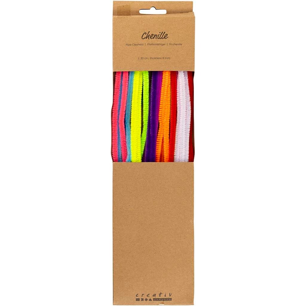 Chenille, L: 30 cm, tykkelse 6 mm, colorful, 25 stk - 1 pakke