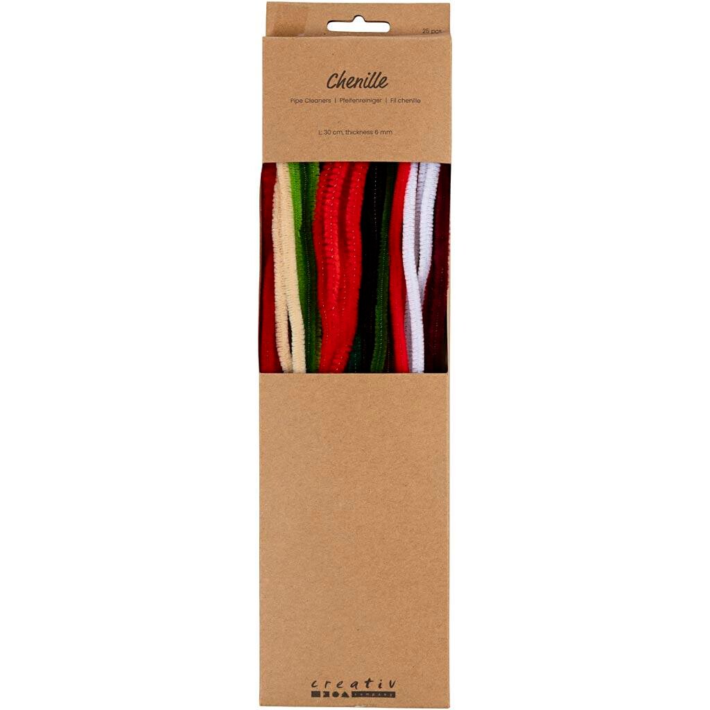 Chenille, L: 30 cm, tykkelse 6 mm, julefarver, 25 stk - 1 pakke