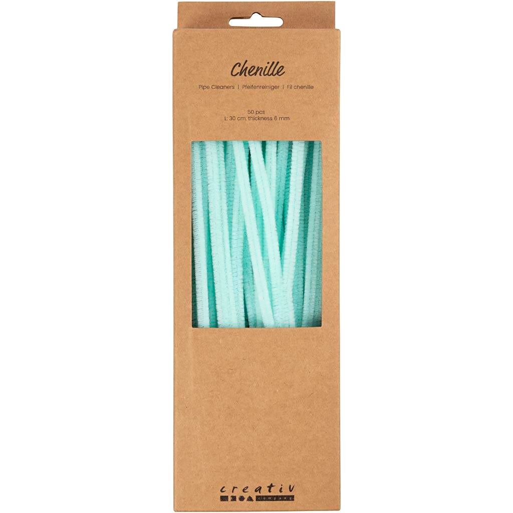 Chenille, L: 30 cm, tykkelse 6 mm, lys turkis - 50 stk / 1 pakke