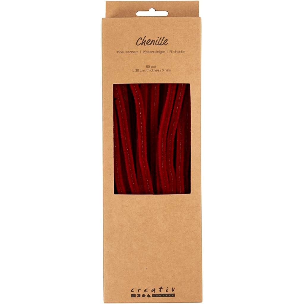 Chenille, L: 30 cm, tykkelse 6 mm, mørk rød - 50 stk / 1 pakke