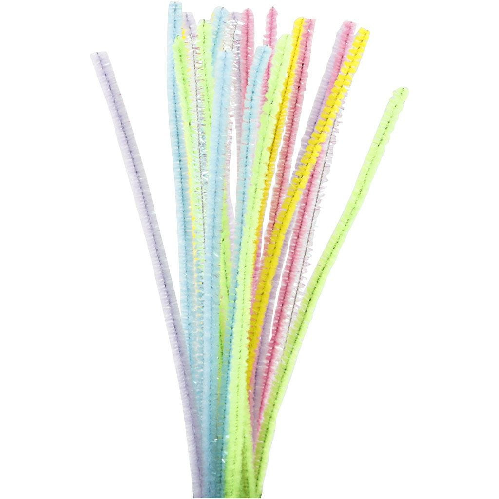 Chenille - pastelfarver med glitter - 30 cm - 6 mm - 24 stk