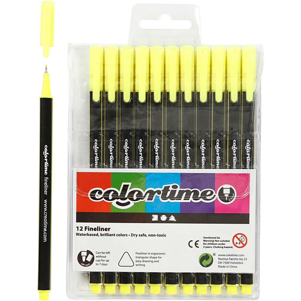 Colortime Fineliner Tusch, stregtykkelse: 0,7 mm, gul, 12stk.