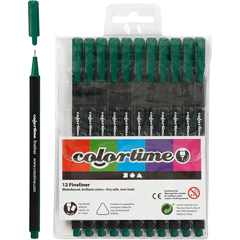 Colortime Fineliner Tusch, stregtykkelse: 0,7 mm, mørk grøn, 12stk.