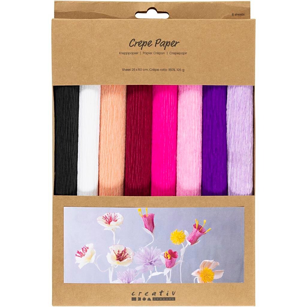 Crepepapir, 25x60 cm, Stræk/crepe: 180%, 105 g, lilla/pink harmoni - 8 ark pr pakke