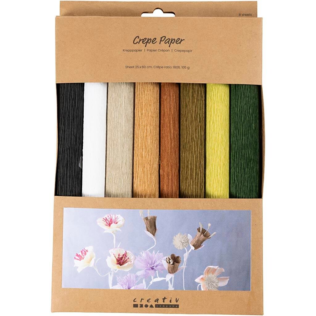 Crepepapir, 25x60 cm, Stræk/crepe: 180%, 105 g, natur - 8 ark pr pakke