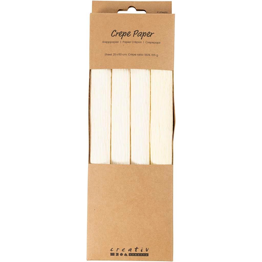 Crepepapir - off white - 25 x 60 cm - 105 g - 180% stræk - 4 ark