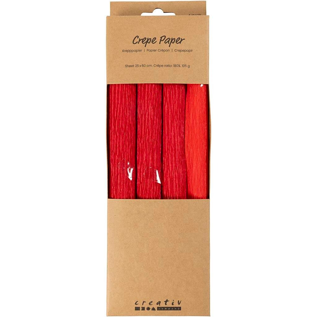Crepepapir, 25x60 cm, Stræk/crepe: 180%, 105 g, rød - 4 ark pr pakke