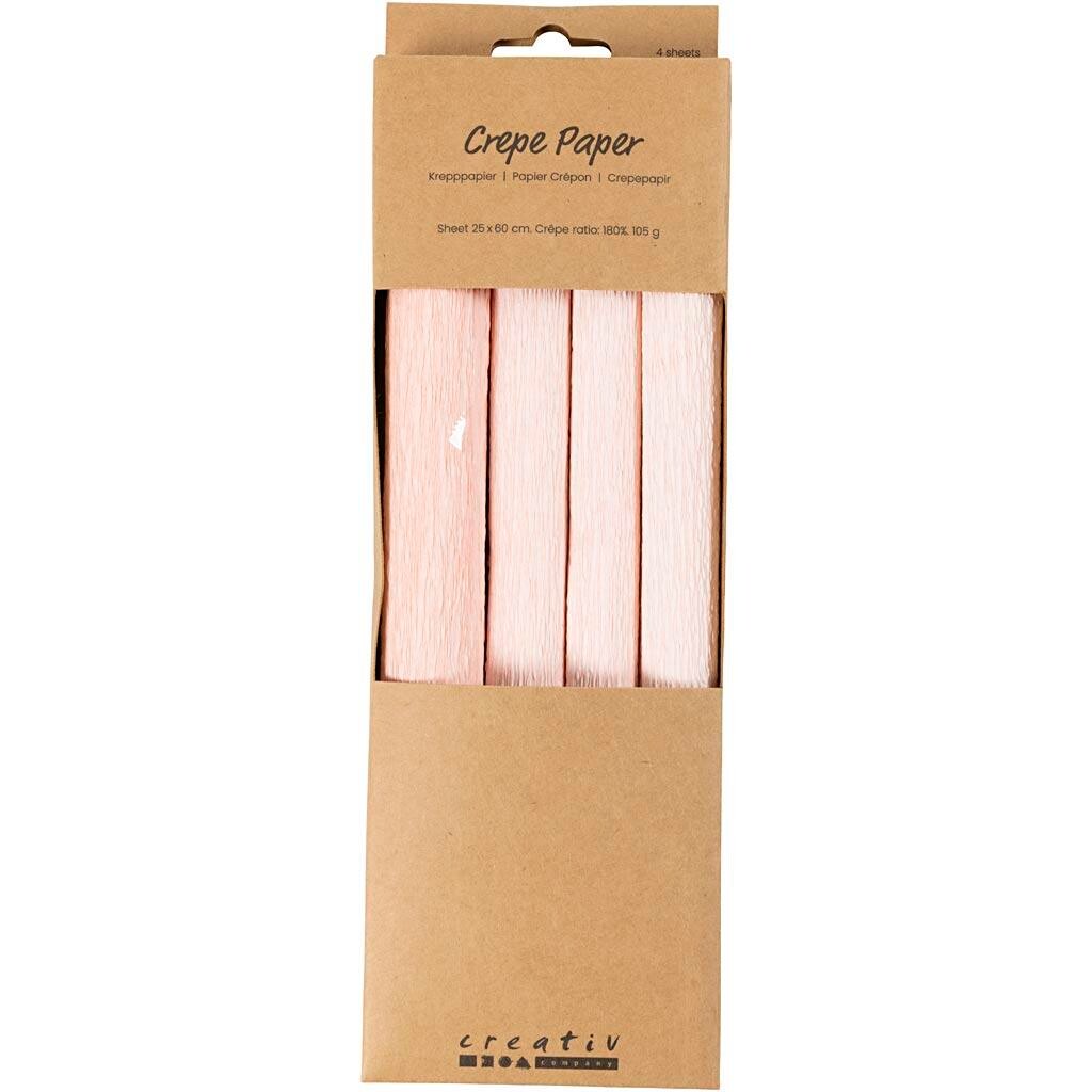 Crepepapir, 25x60 cm, Stræk/crepe: 180%, 105 g, soft rosa - 4 ark pr pakke