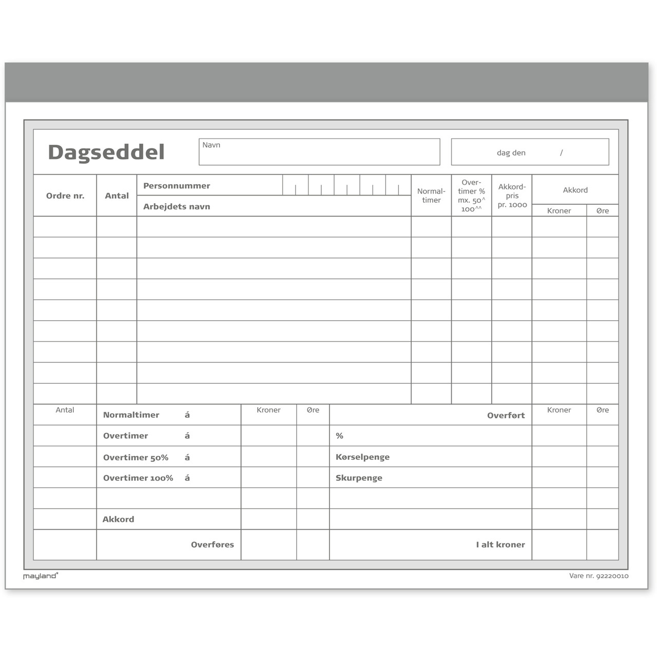 Dagsseddel - 200 x 148 mm - Med kopi og karbonpapir - 5 blokke á 50 ark