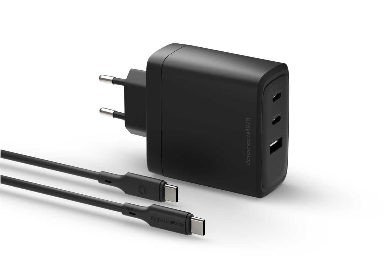 Oplader, Dbramante1928, IT - EU W. Charger - 100W + 2m C-C TPE cable - Sort
