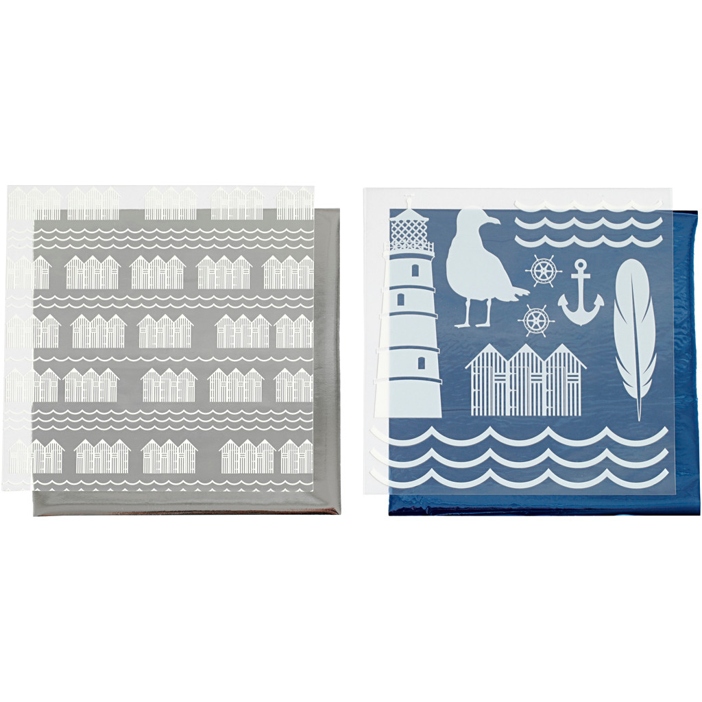 Dekorationsfolie og design limark, ark 15x15 cm, blå, sølv, fyrtårn, 4ark