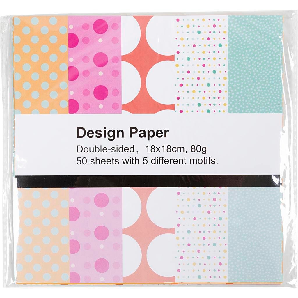 Designpapir, ark 18x18 cm, prikker, 80 g, 50 ark/ 1 pk.