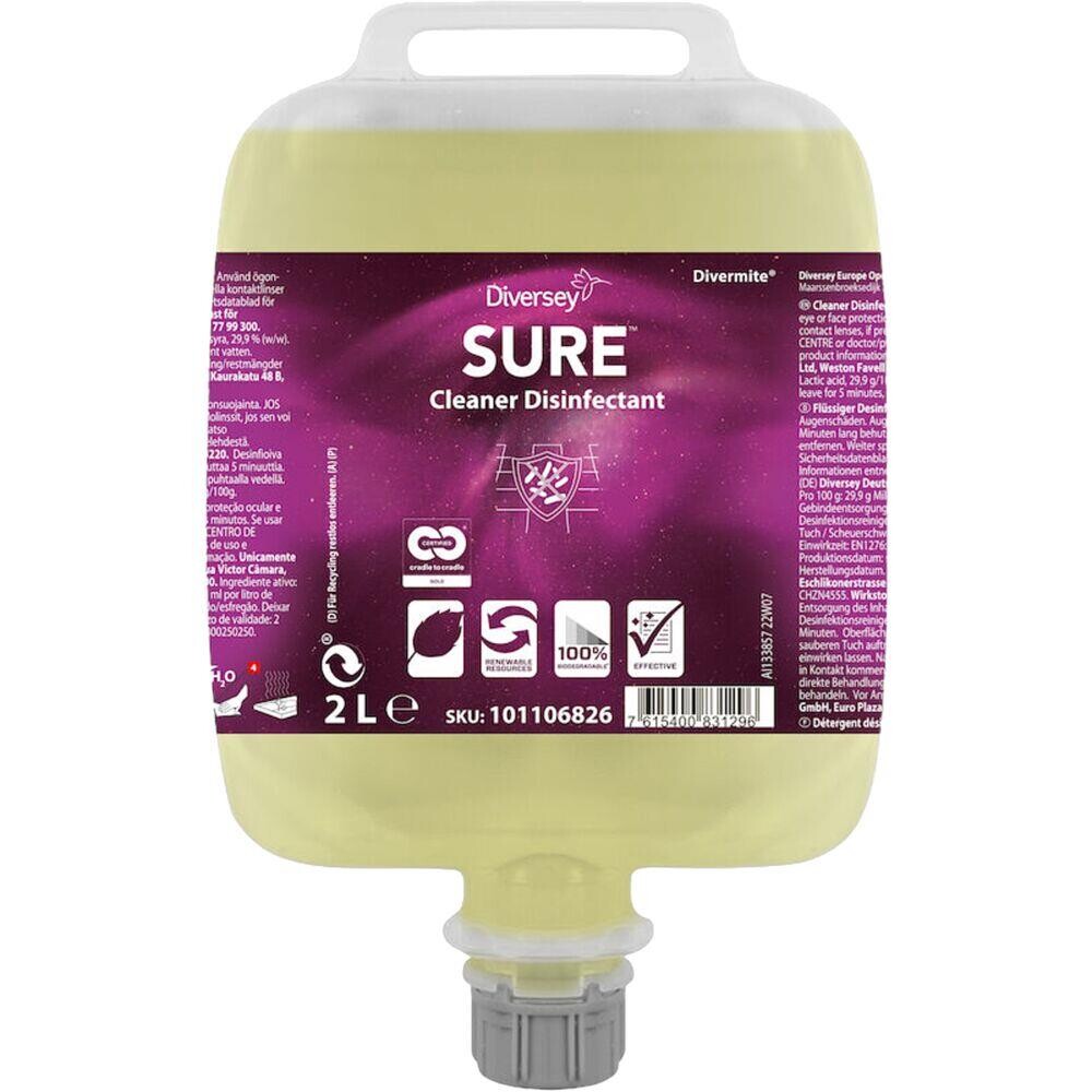 Desinfektionsmiddel, Diversey, SURE Cleaner Disinfectant, 2L, uden farve og parfume - 3 stk