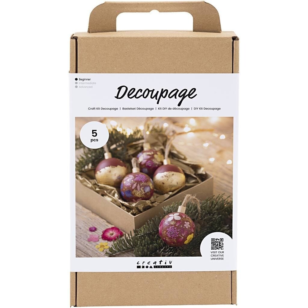 DIY Kit - Decoupage Julekugler - Tørrede blomster og bladguld - Julerød