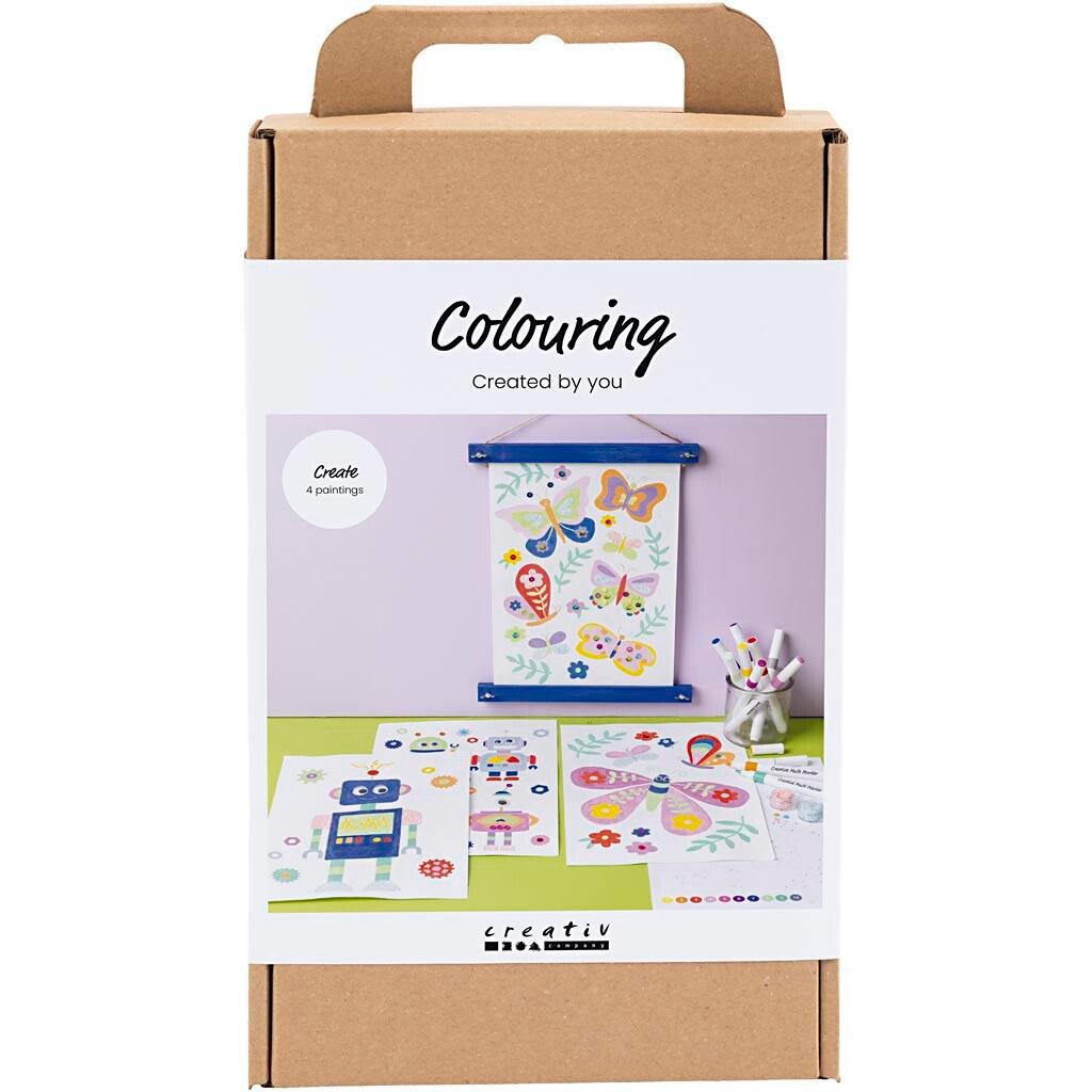 DIY Kit Farvelægning, Sommerfugl og robot, glade farver - 1 pk