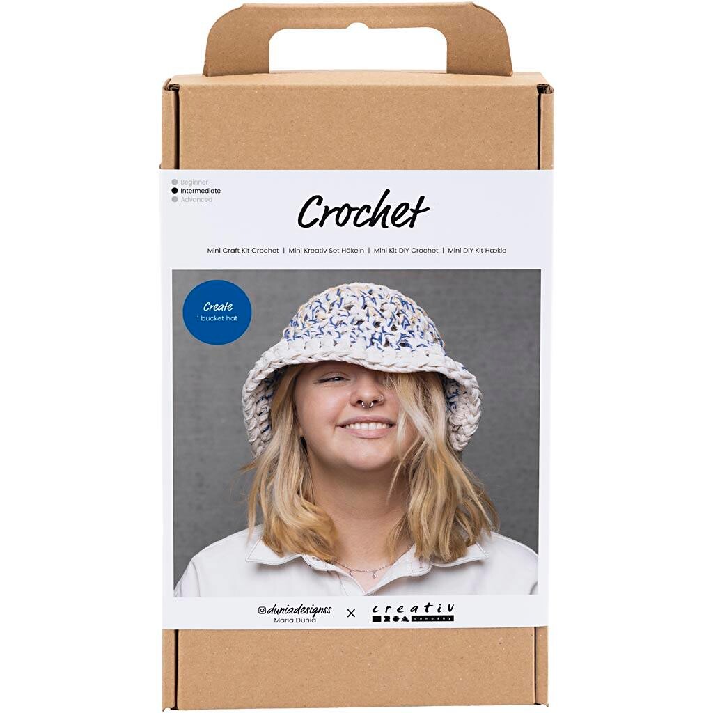 Kreakasse DIY Kit Hækle Chunky bøllehat blå, lys natur, gul
