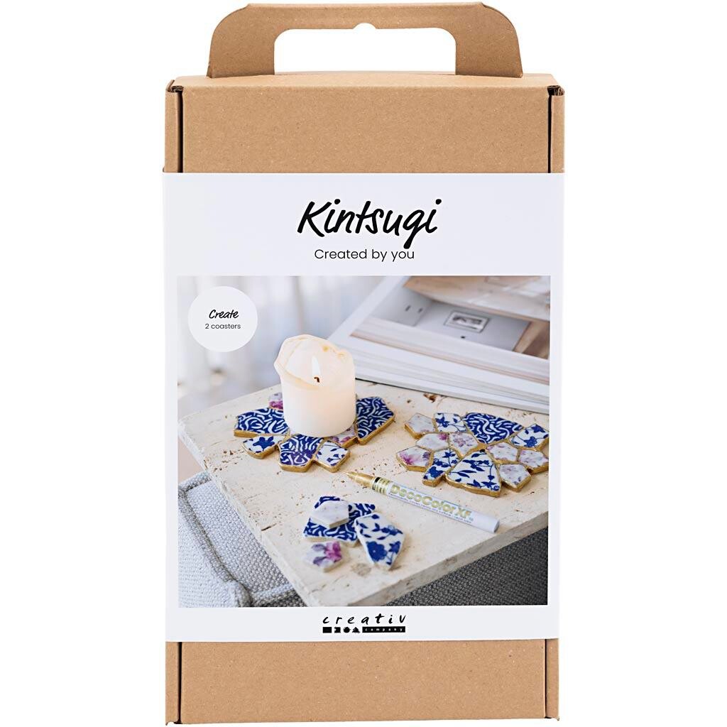 DIY Kit Kintsugi, Coasters, blå, guld, lys rød, hvid - 1 pk