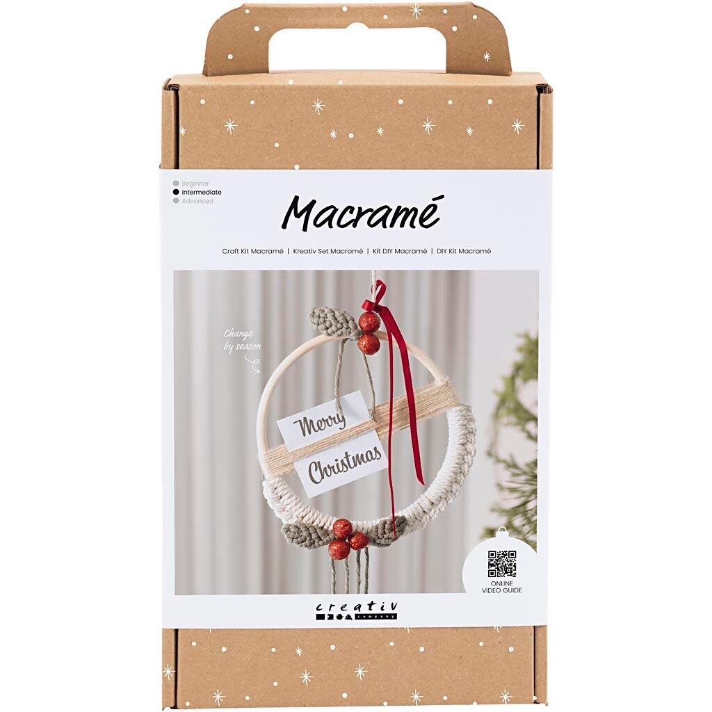 DIY Kit Macramé, Julekrans, mos grøn, julerød, råhvid