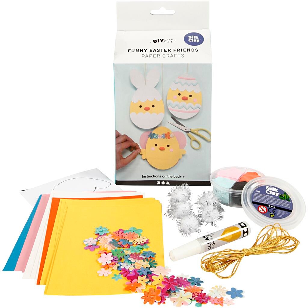 DIY kit sjove påskevenner karton med pynt 1sæt