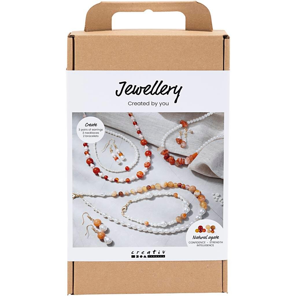 DIY Kit Smykker, beige, brændt orange, hvid perlemor - 1 pk