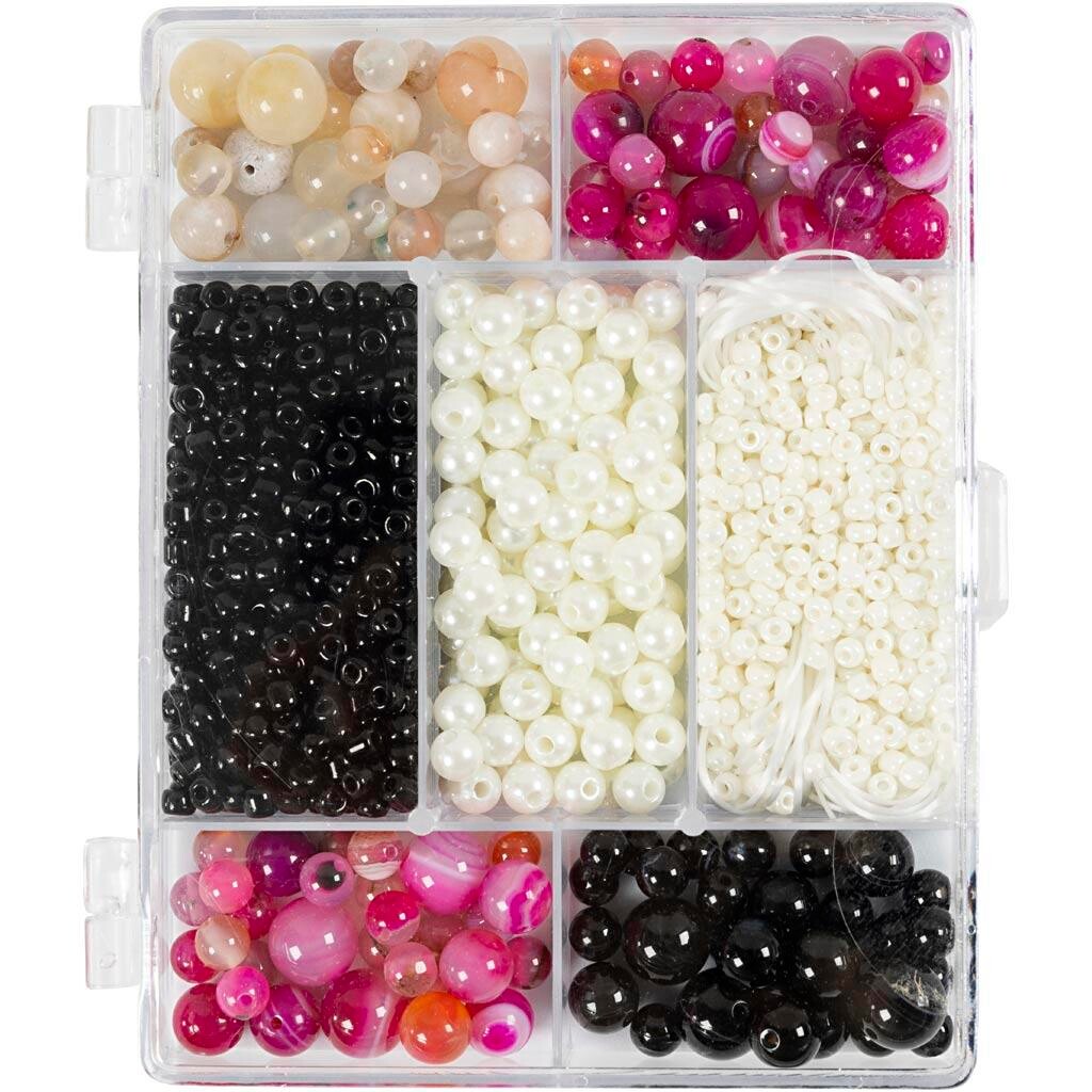 DIY Mix Smykker, Agater, beige, sort, pink, hvid perlemor - 1 pk