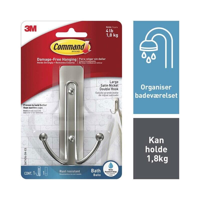 Dobbeltkrog 3M Command satineret nikkel stor Bath36-SN