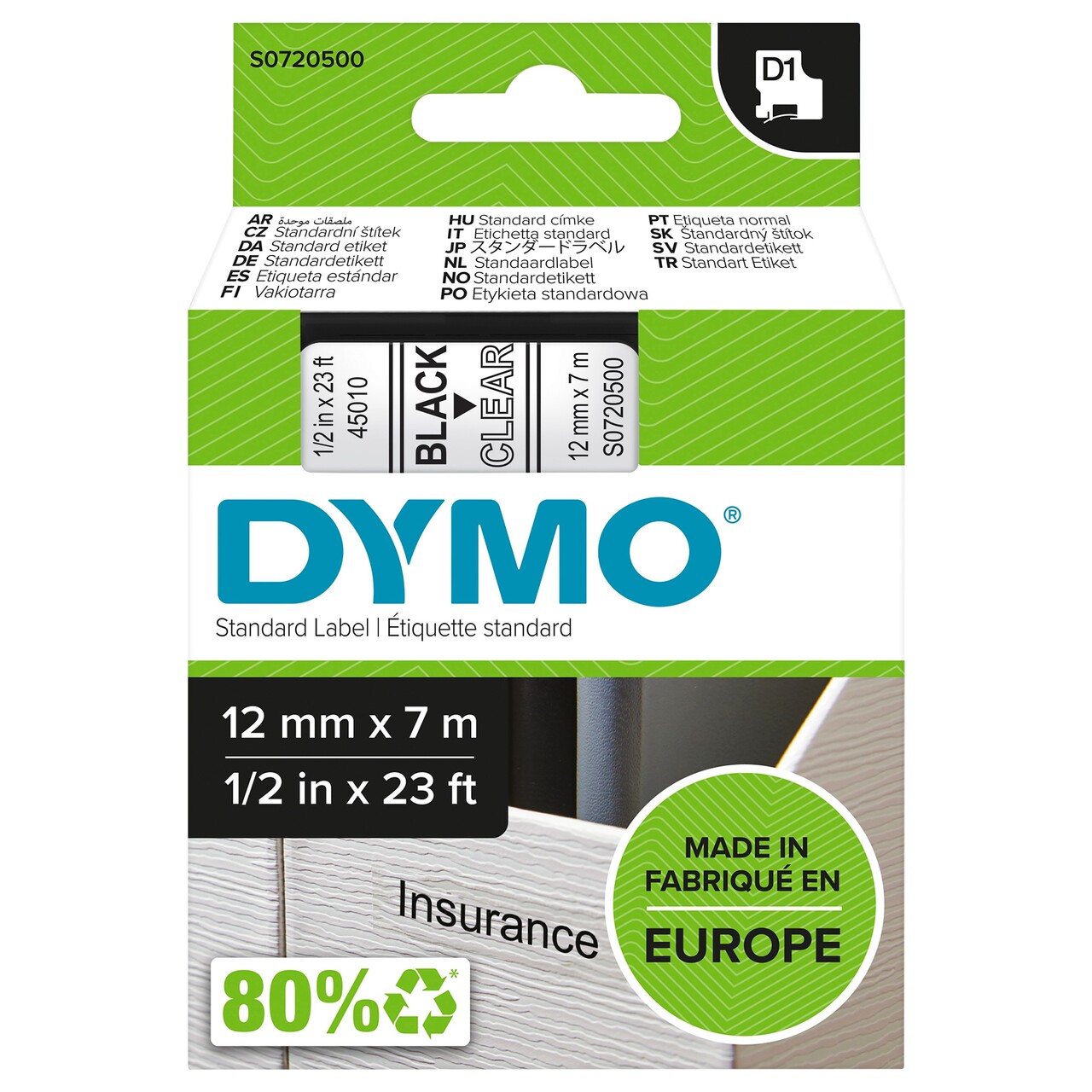 Dymo D1 tape 12mmx7m black/clear