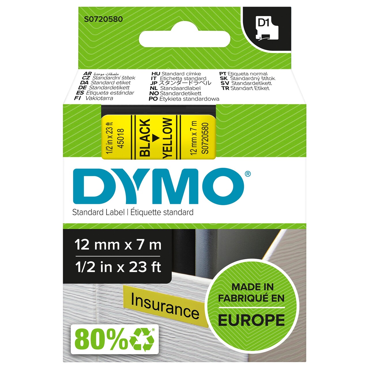Dymo D1 tape 12mmx7m black/yellow