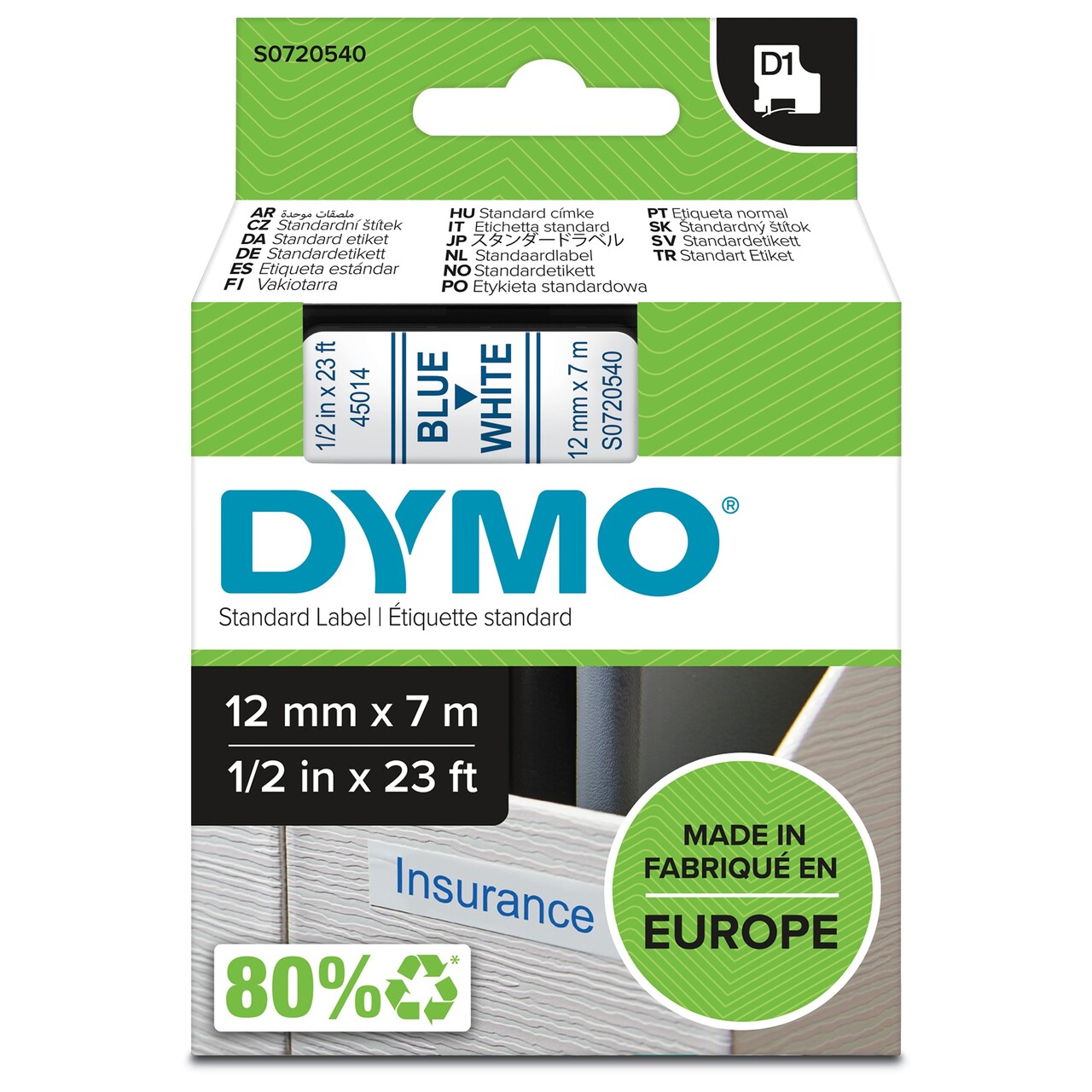 Dymo D1 tape 12mmx7m blue/white
