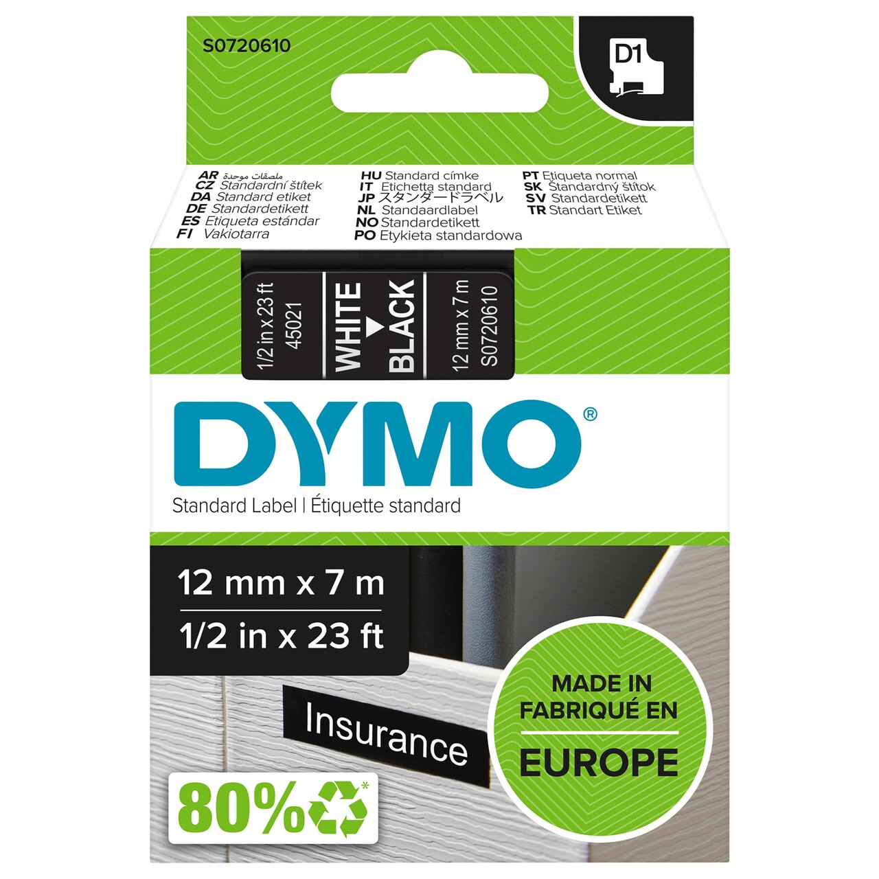 Etikettape - Dymo D1 12mmx7m - Hvid tekst på sort