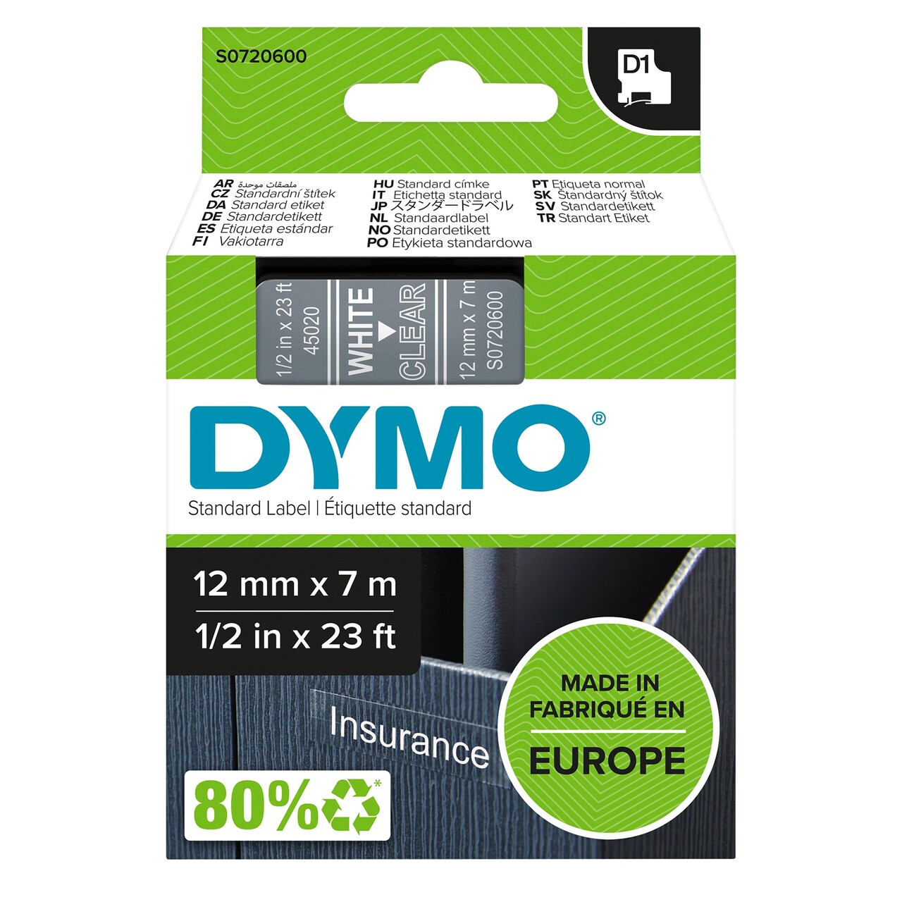 Dymo D1 tape 12mmx7m white/clear